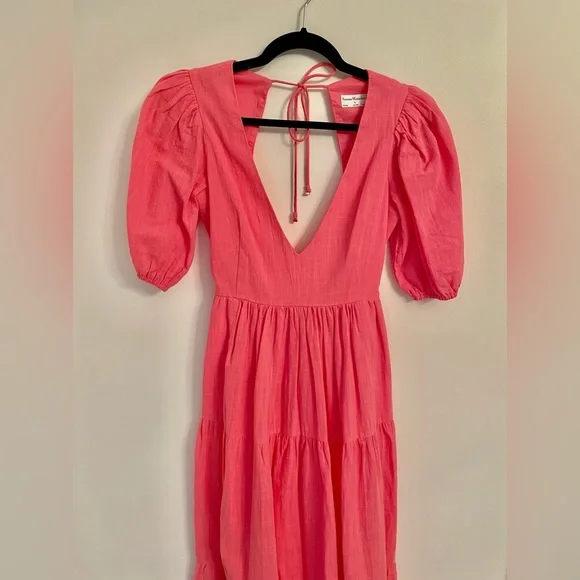 Seven Wonders V Neck Puff Sleeve Linen Maxi Dress in Pink Size S - Picture 5 of 11